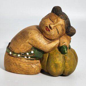 Hand Carved Wooden Sleeping Figure With Pumpkin & Embellished Belt Vintage Decor